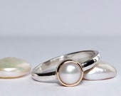 Sterling silver and gold pearl ring .Handmade jewellery. Mixed metal freshwater pearl ring.