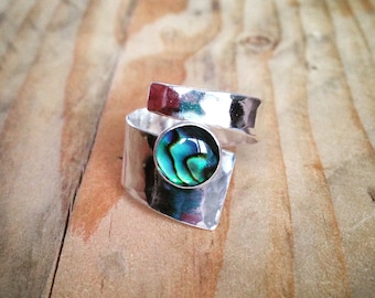 Paua Shell Ring: Hammered Sterling Silver Adjustable Band