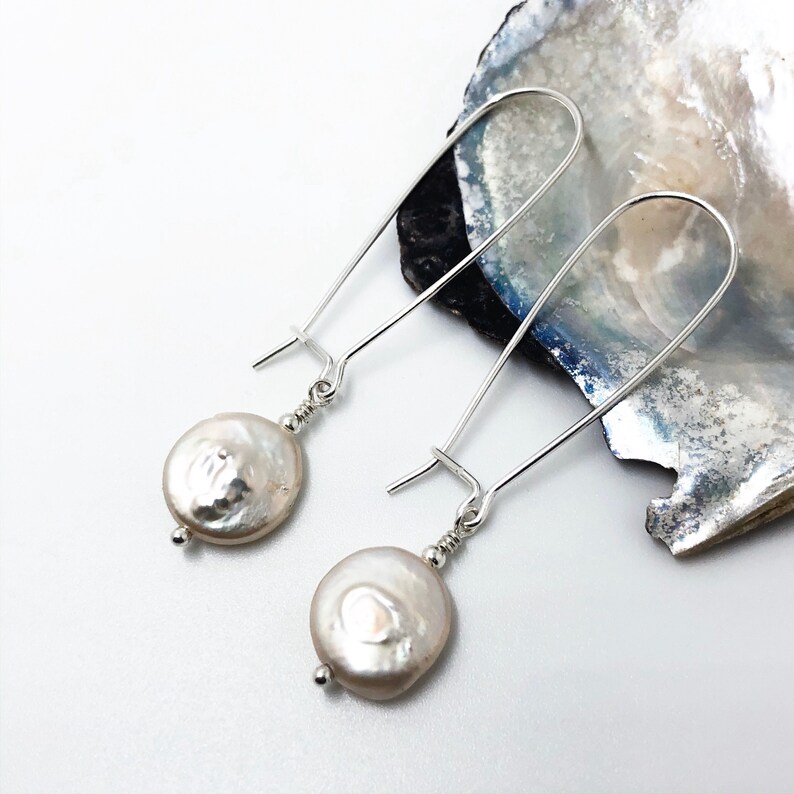 Pearl drop earrings. Coin pearl earrings. Wedding jewellery. image 1