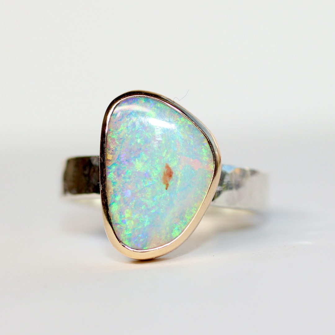 Australian Opal Ring, 9ct Gold Bezel, Sterling Silver Band, Size 7.5 - Etsy