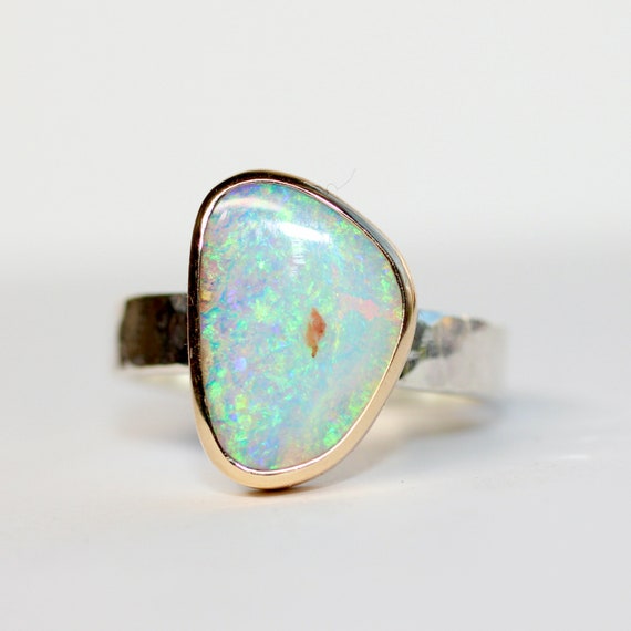 Australian Opal Ring, 9ct Gold Bezel, Sterling Silver Band, Size 7.5