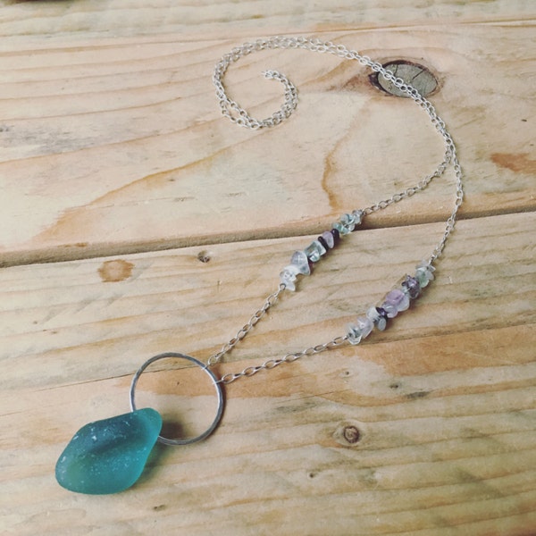 Sea glass and fluorite long length necklace