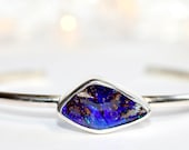 Midnight blue flash AUSTRALIAN boulder opal cuff bracelet. Sterling silver. Handmade Opal Bracelet