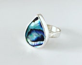 paua shell teardrop ring. Abalone shell sterling silver statement ring.