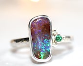 Australian opal ring. Sterling silver boulder opal and emerald ring