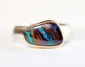 Unisex Gold and silver australian opal ring. Boulder opal ring. One if a kind jewellery. Mixed metal ring