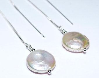 Pearl drop earrings. Coin pearl threaders earrings. Wedding and bridesmaid earrings