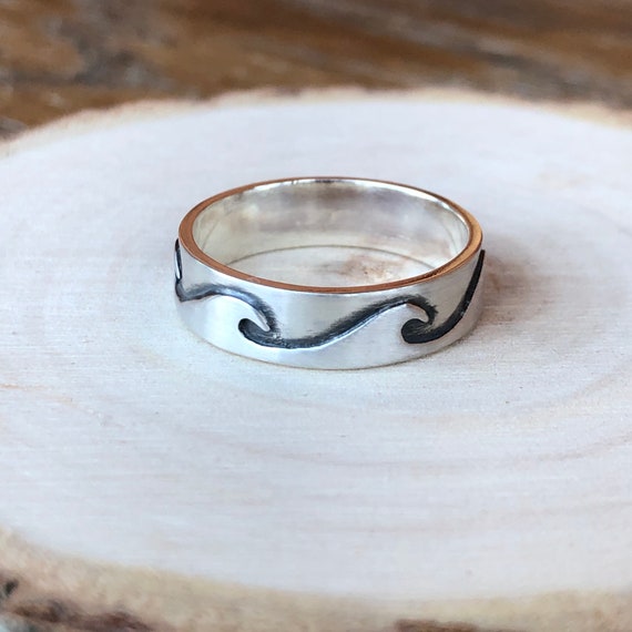 Oxidized Sterling Silver Wave Ring, Handmade Men's Surf Wedding