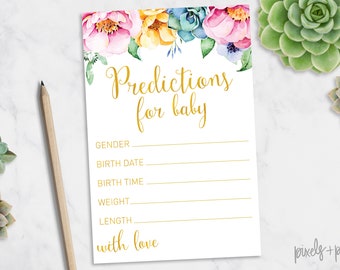 Baby Shower Predictions Card | Succulent Floral Gold Watercolor Predictions for the Baby | Guess the weight gender length | Printable