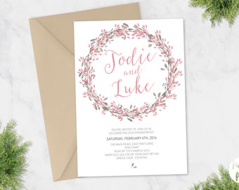 Printable Engagement Party Invitation | Engagement Party Invite | DIY Printable | Watercolour | Pink and Grey Wreath Leaves