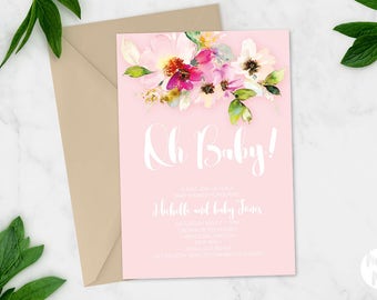 Printable Baby Shower Invitation | Baby Shower Invite | DIY Printable | Oh baby | Pink watercolour watercolor flowers