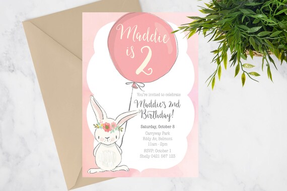 Pink Bunny Printable Kids Birthday Invite | Etsy