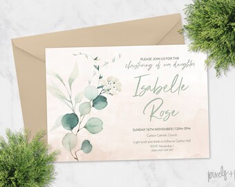 Eucalyptus Leaves Greenery Unisex Printable Christening Baptism Invitation