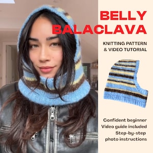 Può includere: Un passamontagna lavorato a maglia con strisce orizzontali in azzurro, giallo e marrone scuro. Il testo BELLY BALACLAVA, KNITTING PATTERN & VIDEO TUTORIAL, Confident beginner Video guide included e Step-by-step photo instructions è visibile.