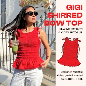 Könnte beinhalten: Ein rotes Oberteil mit geraffter Schleife und Bindeträgern, wie in einer Schnittmusterwerbung zu sehen. Der Text auf dem Bild lautet "GIGI SHIRRED BOW TOP" und "SEWING PATTERN & VIDEO TUTORIAL". Das Muster ist anfängerfreundlich und enthält eine Videoanleitung, Größen XXS - XXXL.