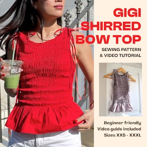 Gigi Shirred Bow Top Sewing Pattern, Video & Instructions - Instant Download!
