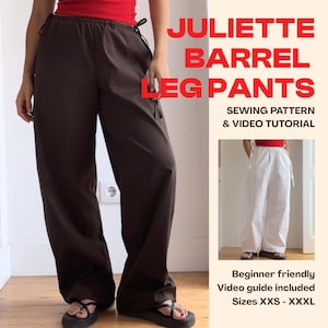 Op de afbeelding: Naaipatroon en video-tutorial voor de Juliette barrel leg broek. De afbeelding toont een donkerbruine broek met wijde pijpen, een elastische tailleband en zijstrikken. Een kleiner inzetstuk toont hetzelfde model in wit. Maten XXS tot XXXL.