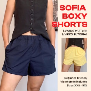 May include: Sofia Boxy Shorts sewing pattern and video tutorial. The image displays navy blue shorts with an elastic waistband and side pockets, paired with a black button-down vest. A smaller inset shows the same shorts in a bright yellow color.