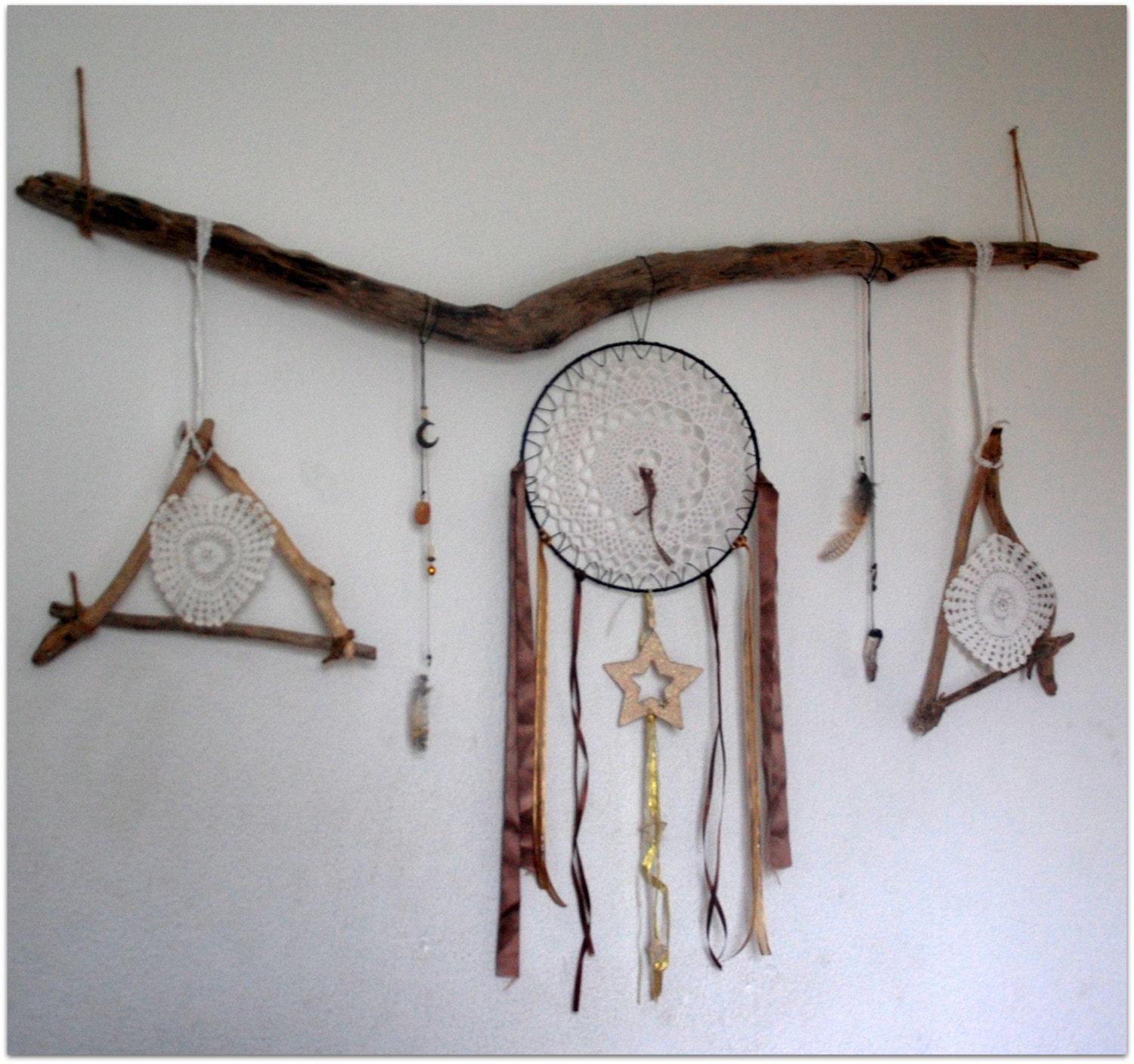Magnifique Tenture Murale, Originale et Unique, Dreamcatcher Bois Flotté, Plumes de Chouette Hibou L