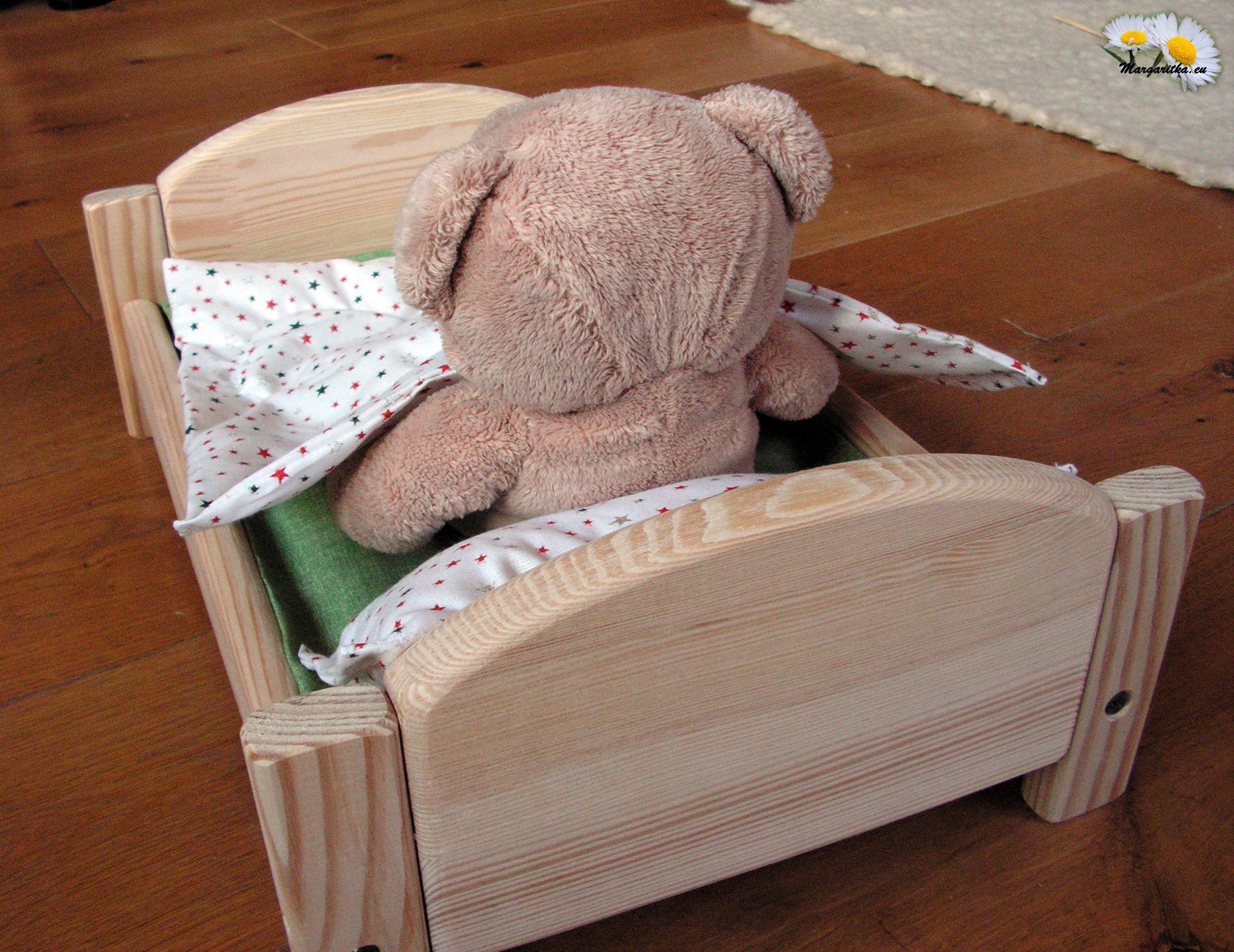 Puppenwiege Bett Retro Spielzeug Holzspielzeug Natur Holz Weiß Bettwäsche 