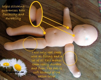 May include: A handmade doll made with real sheep wool filling. The doll is lying on a wooden surface. The doll's limbs are stitched with triple stitching for durability and flexibility. The text "triple stitching guarantees both flexibility and durability" is visible in the image. The text "I use only real sheep wool as filling and a lot of it! This makes them really durable and firm. The doll is soft because of the cotton tricot" is also visible in the image.