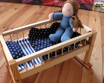 Large doll bed, cradle, 15-18" doll cot, doll crib, solid wood, handmade, with bedding, waldorf toy wooden toy, large wooden doll furniture