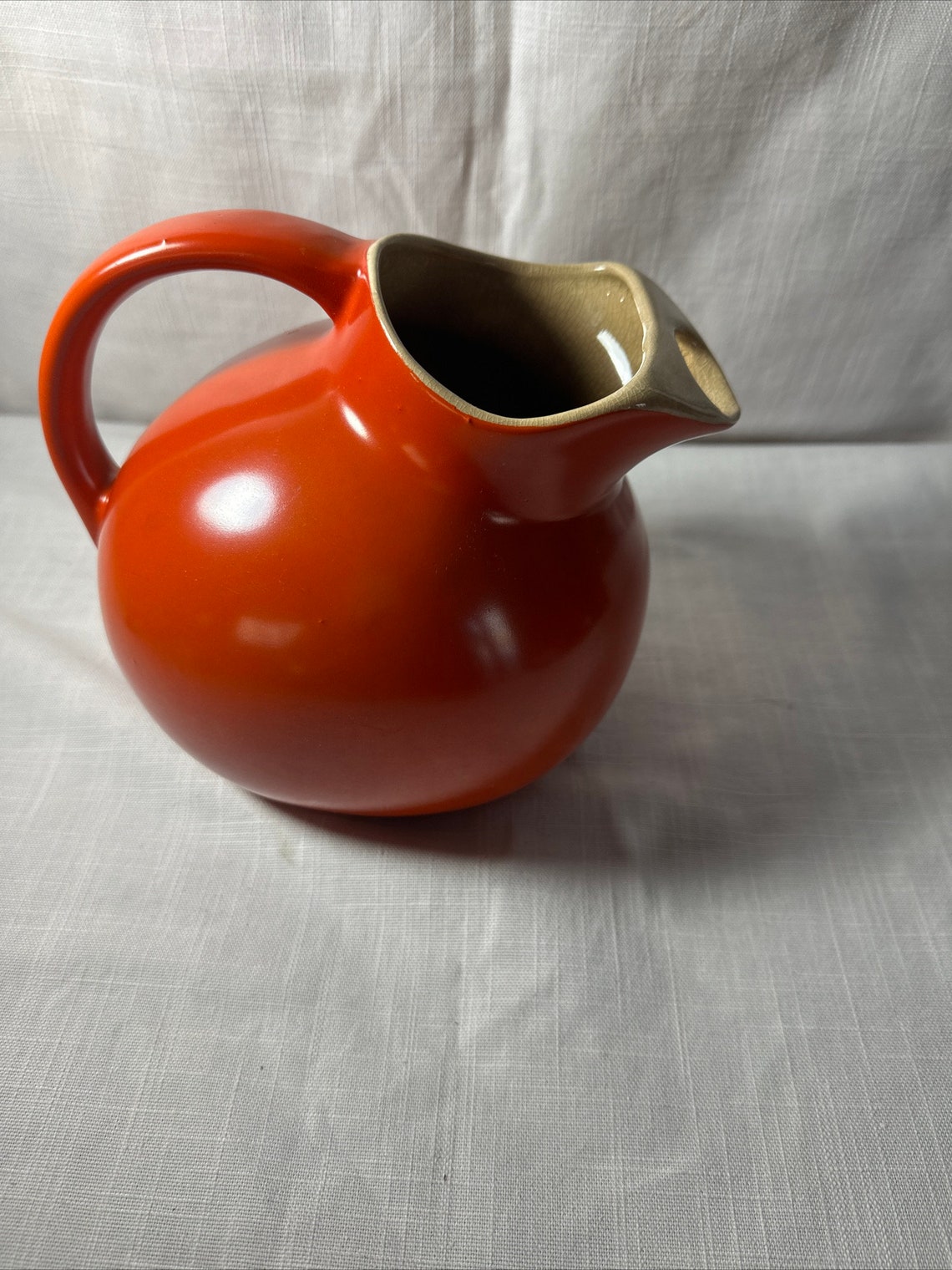 Vintage Bright Orange Pitcher With Ice Lip Hand Painted Made in the USA ...