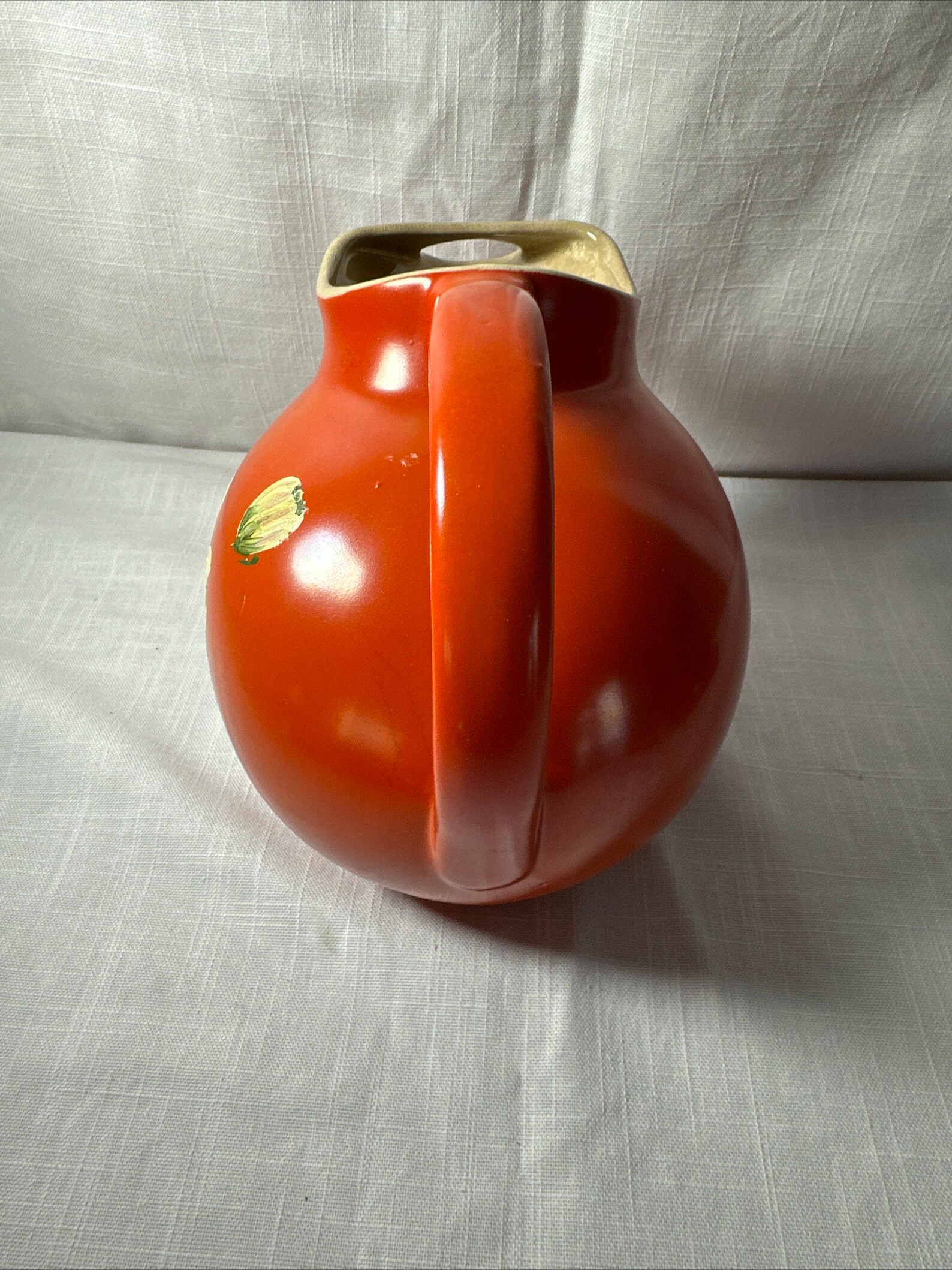 Vintage Bright Orange Pitcher With Ice Lip Hand Painted Made in the USA ...