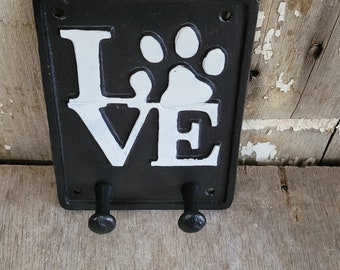 Cast iron love dog doggy pawprint decorative wall hooks leash lead holder