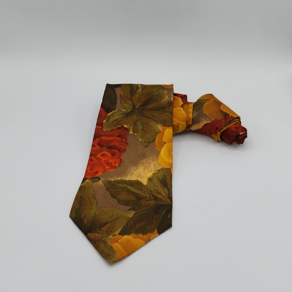 Floral Necktie Tie Neiman Marcus Rust Green Silk 59"L 3.5"W VTG Retro