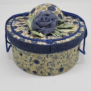 Handmade Blue Floral Sewing Box With Handles & Pin Cushion Sun Bonnet Hat Design