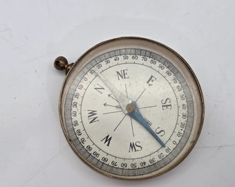 Vintage Brass Pocket Compass With Glass Lens And Directional Dial 1-5/8"