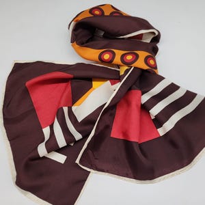 Vintage Elwin 100% Acetate Geometric Scarf Made In Japan Brown Yellow Red 44&quot;