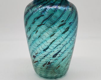 Art Glass Vase Iridescent Cobalt Blue Green Pulled Feather Threads Ruff Pontil VTG 6.75"