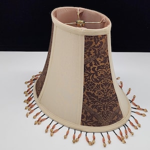 Vintage Copper Painted on Brown Fabric Beaded Fringe Lampshade Flat Oval 9-3/4&quot;