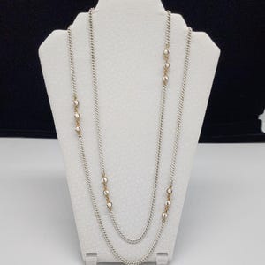 Vintage Gold & White Bead Long Chain Necklace 1960s or 70s 28&quot; Long