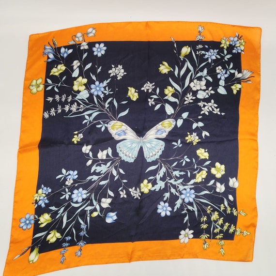 Butterfly Scarf With Orange Border and Flowers Sq… - image 1