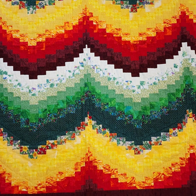 Handgefertigter Bargello Quilt Rot Gelb Grün Kastanienbraun 62 x 64 VTG Bild 4