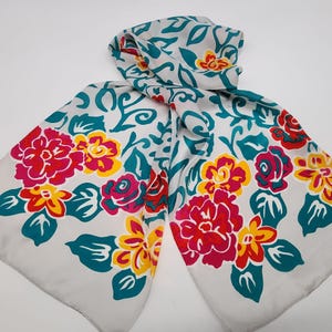 Vintage 100% Silk Floral Scarf With Red Yellow Teal Pattern Japan Rectangle