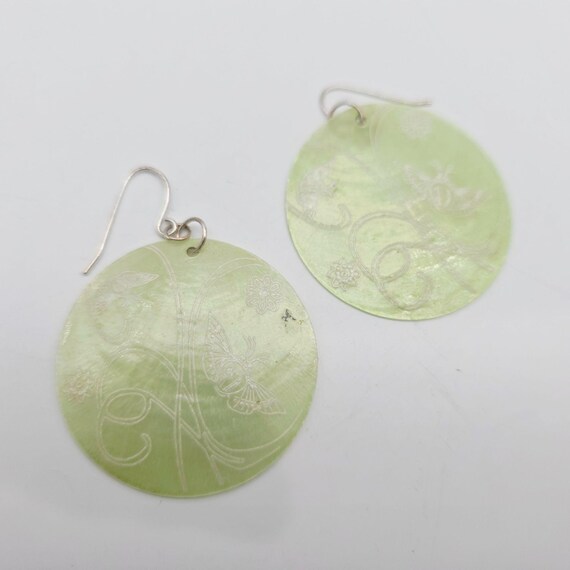 Round Green Shell Earrings With Butterfly & Floral Engraving Design 2.5" View 5