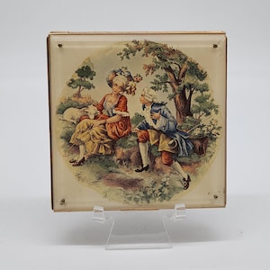 Vintage Gold Toned Compact With Victorian Scene & Mirror 4&quot; Square