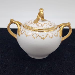 Antique Limoges French Porcelain Sugar Bowl Floral Gold Gilt Trim