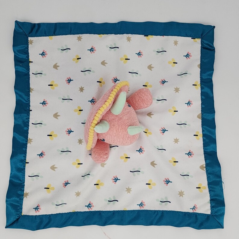 Cloud Island Baby Lovey Security Blanket Pink Rhino Blue Satin Border