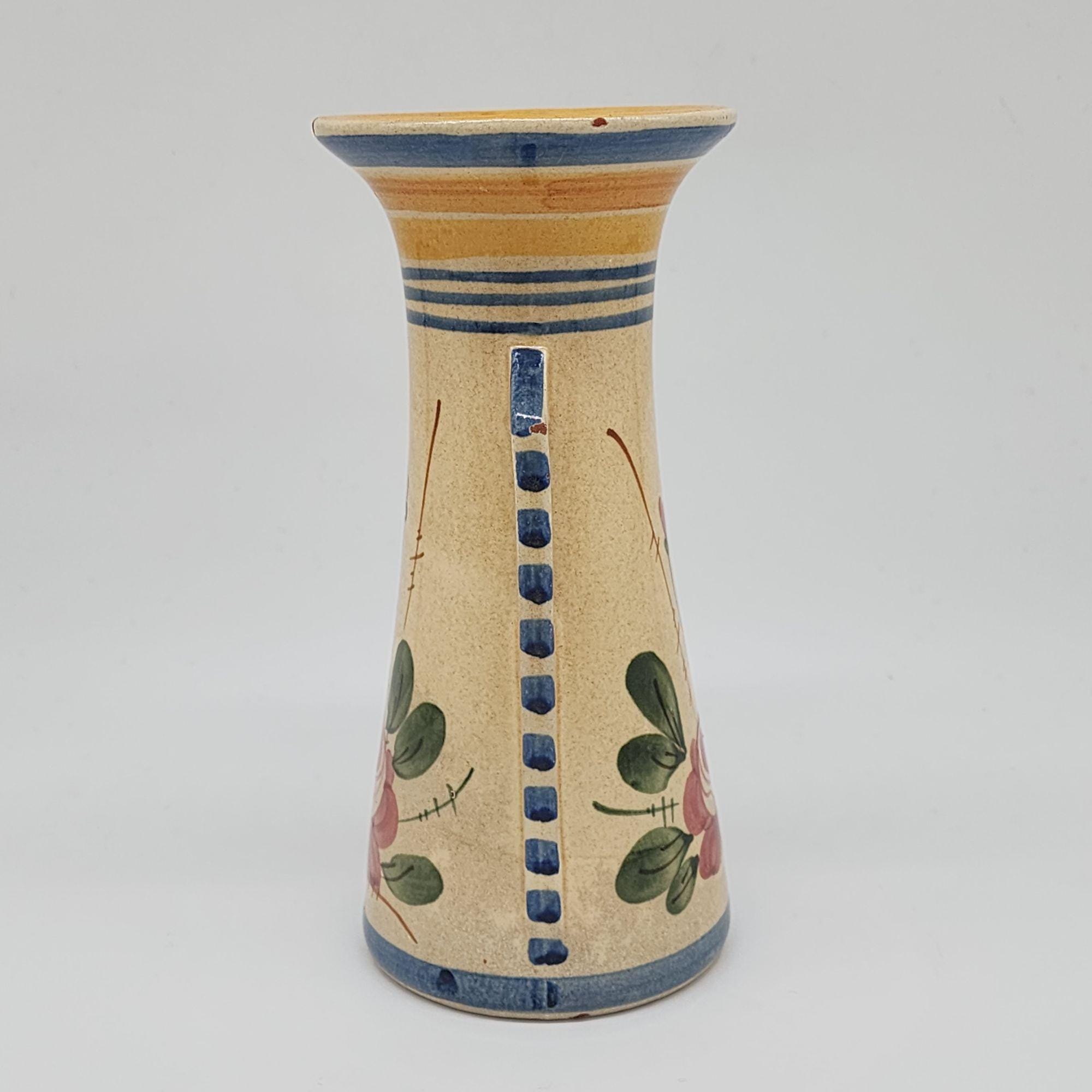 ヴィンテージ 手描き花柄陶器花瓶 ダブルハンドル #809 ブルー ピンク