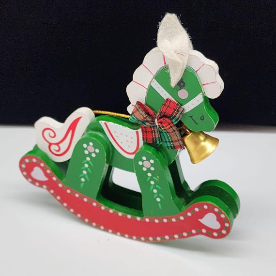 ヴィンテージ木製クリスマスロッキングホースオーナメント チェック柄