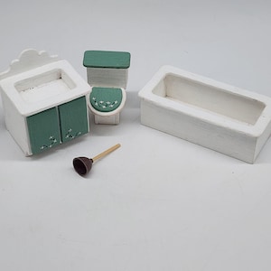 Vintage Dollhouse Bathroom Set With Toilet Sink Bathtub & Plunger