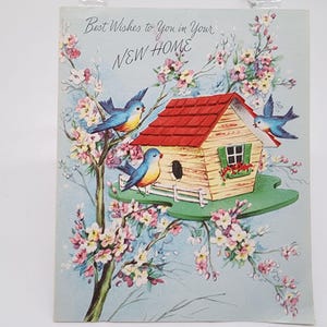 Carte de voeux VTG Fairfield New Home avec illustration de cabane à oiseaux et d'oiseaux bleus, États-Unis