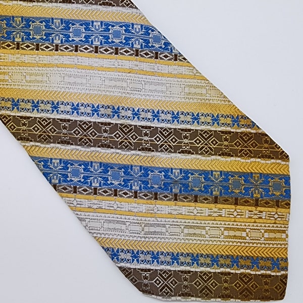 Don Loper Necktie Stripe Geometric Blue Yellow Brown White 4.5" W 56" L VTG Retro