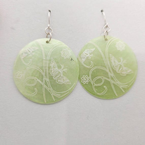 Round Green Shell Earrings With Butterfly & Floral Engraving Design 2.5" View 2