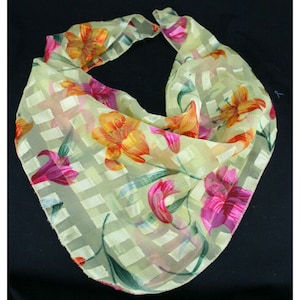 Shear Floral Bufanda Verde y Naranja Oro Hilo Flores por Moem Sheer 21&quot; VTG